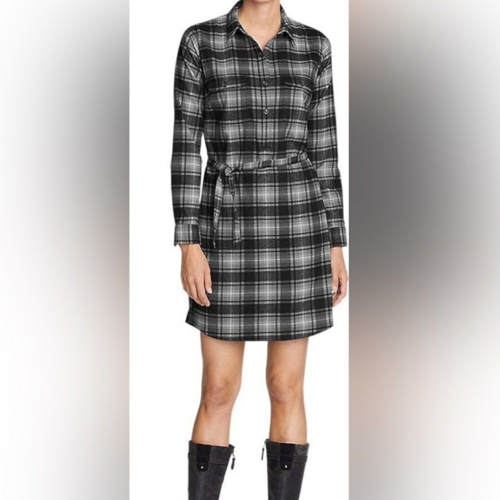 Eddie Bauer Midi Plaid Polyester Black And White Dress Long Sleeve Pockets 12